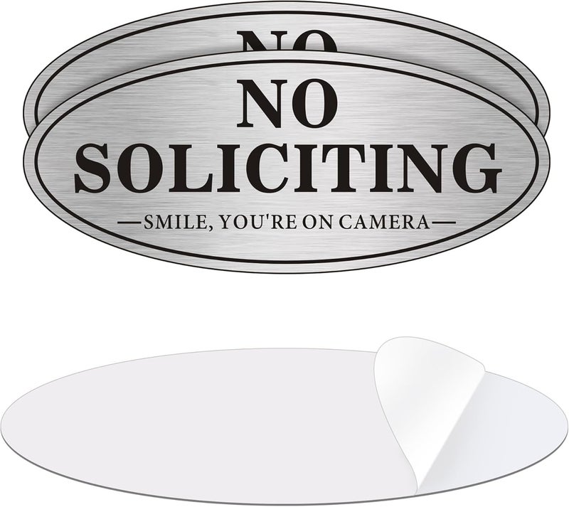 MongFun House Door No Soliciting Sign Metal, 2 Pack Silver Color 7.0 x 3.0 inches, Self-Adhesive Modern Design Aluminum Signs for Office Home Business Company, Waterproof and Weather Resistant (SILVER/BLACK No Soliciting Sign) - Image 1